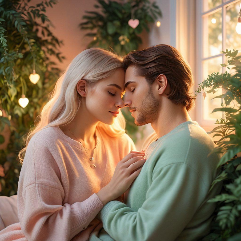 A warm and cozy scene of two individuals sharing a tender moment, surrounded by soft lighting and subtle heart motifs in the background. Their expressions convey deep affection and passion, with gentle touches highlighting their connection. Lush greenery and pastel colors create an inviting atmosphere, symbolizing growth in relationships. super-realistic. pastel colors. cozy ambiance.