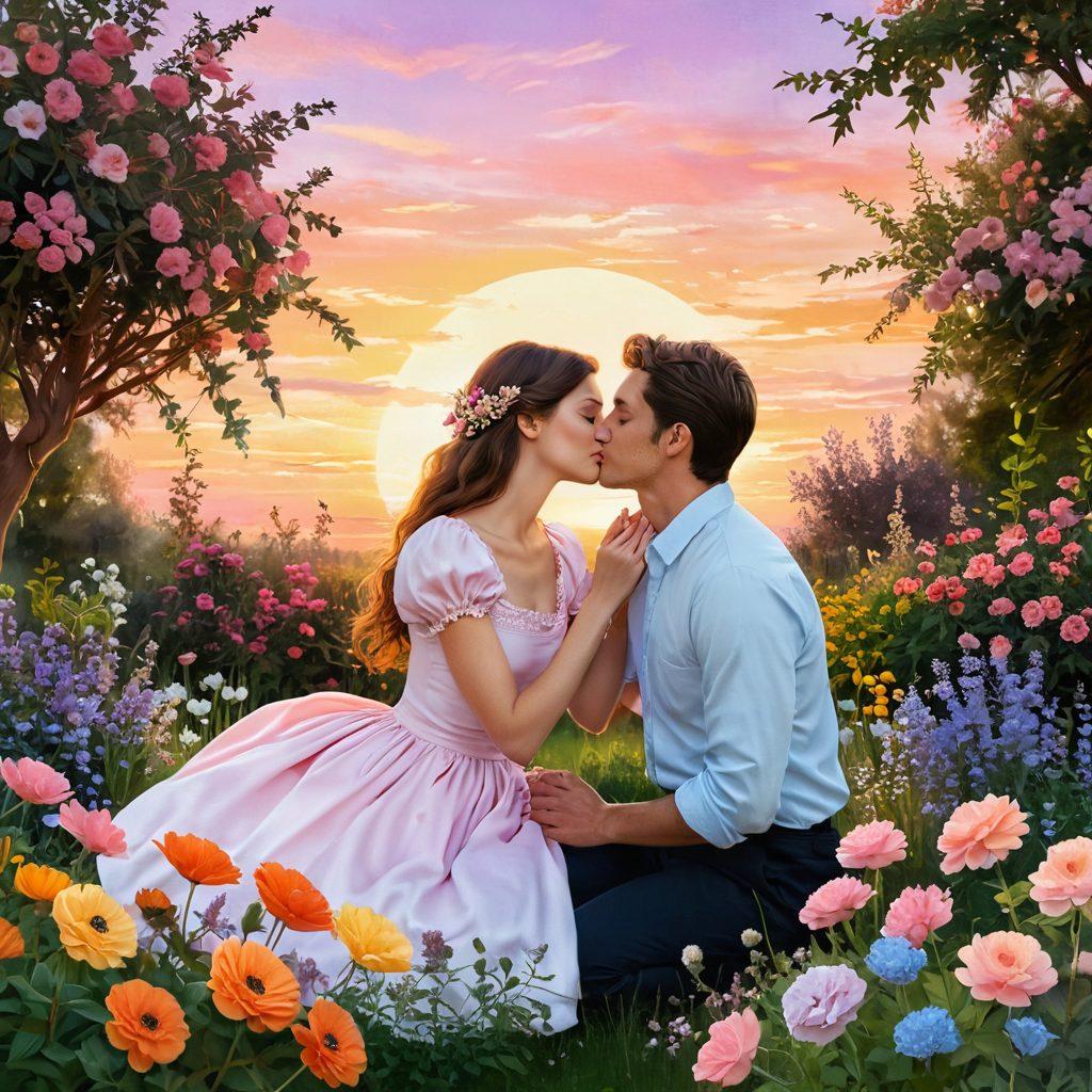 A romantic scene depicting a couple in a vibrant garden during sunset, surrounded by blooming flowers symbolizing courtship and love; one partner is leaning in for a kiss while the other gazes lovingly, capturing the essence of devotion. The background features soft pastel colors blending into a warm sky. whimsical illustration. vibrant colors. dreamy atmosphere.