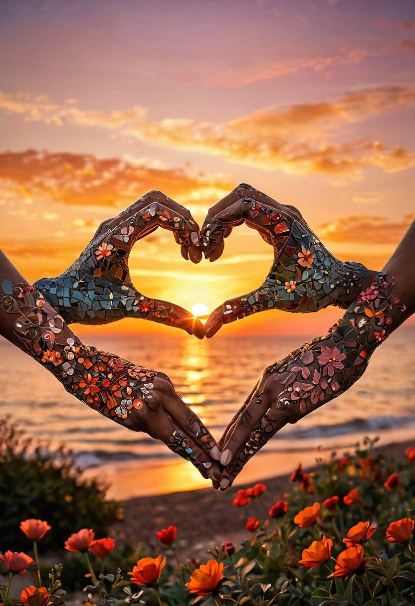 A heart-shaped mosaic made of diverse hands intertwined, symbolizing different stages of romantic connections, from playful flirting to deep fidelity. In the background, a soft sunset casts warm hues, giving a sense of warmth and intimacy. Include subtle floral elements to represent growth and nurturing in relationships. vibrant colors. soft texture. romantic atmosphere.